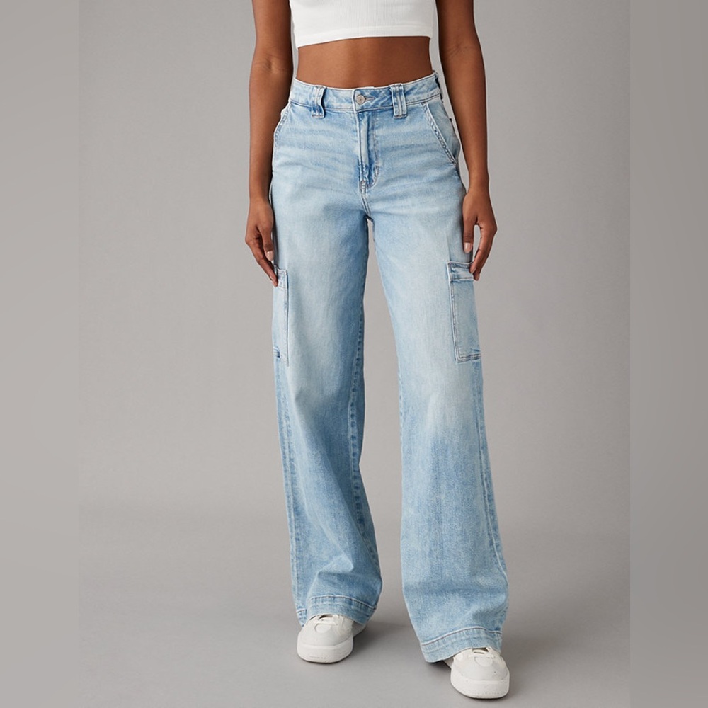 AE Dreamy Drape Stretch Super High Waisted Cargo Baggy Wide Jeans 4Long